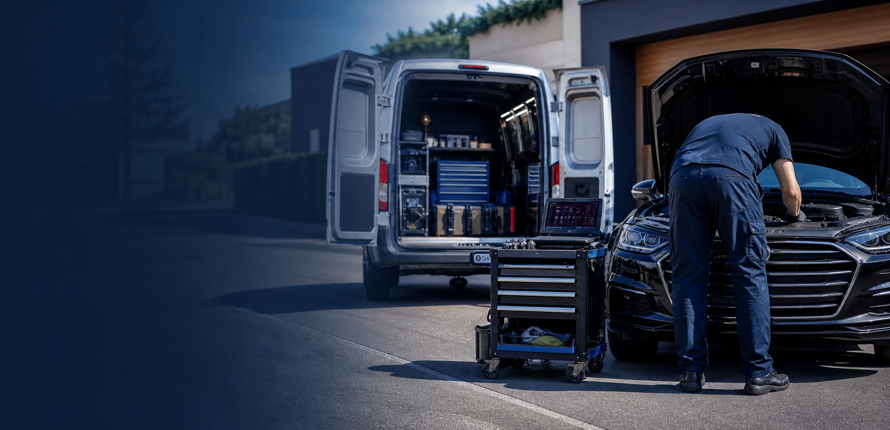Mobile mechanic service van beside a vehicle with tools ready for repair
